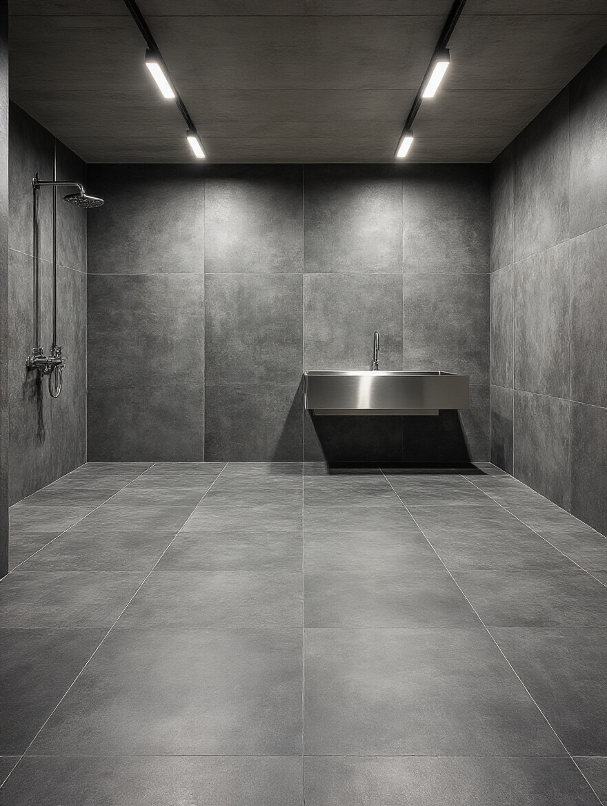Close-up of highly durable, water-resistant dark grey industrial porcelain floor tiles with minimal grout lines in a high-traffic modern bathroom, emphasizing robust design and longevity.