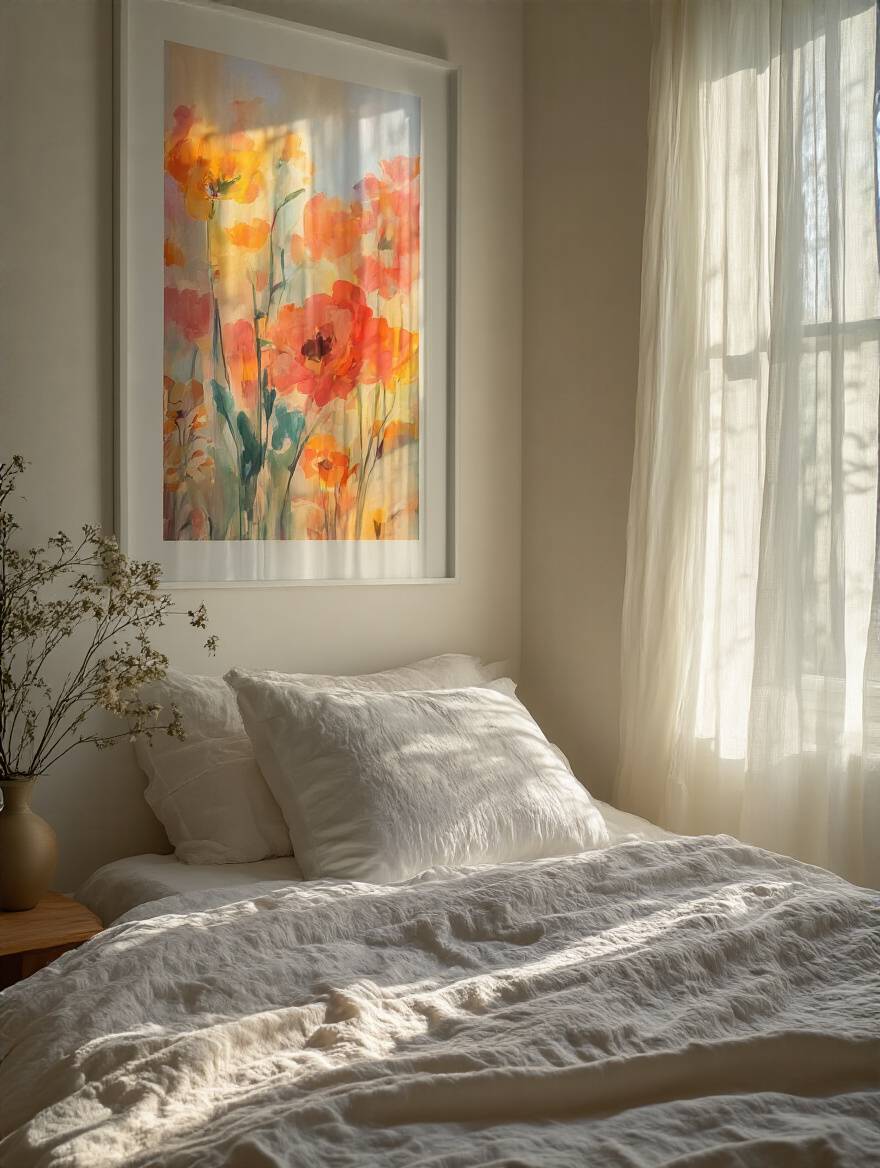 A beautifully framed, vibrant art print in a bedroom with sunlight filtering through sheer curtains, emphasizing protection from fading and preserving true colors.