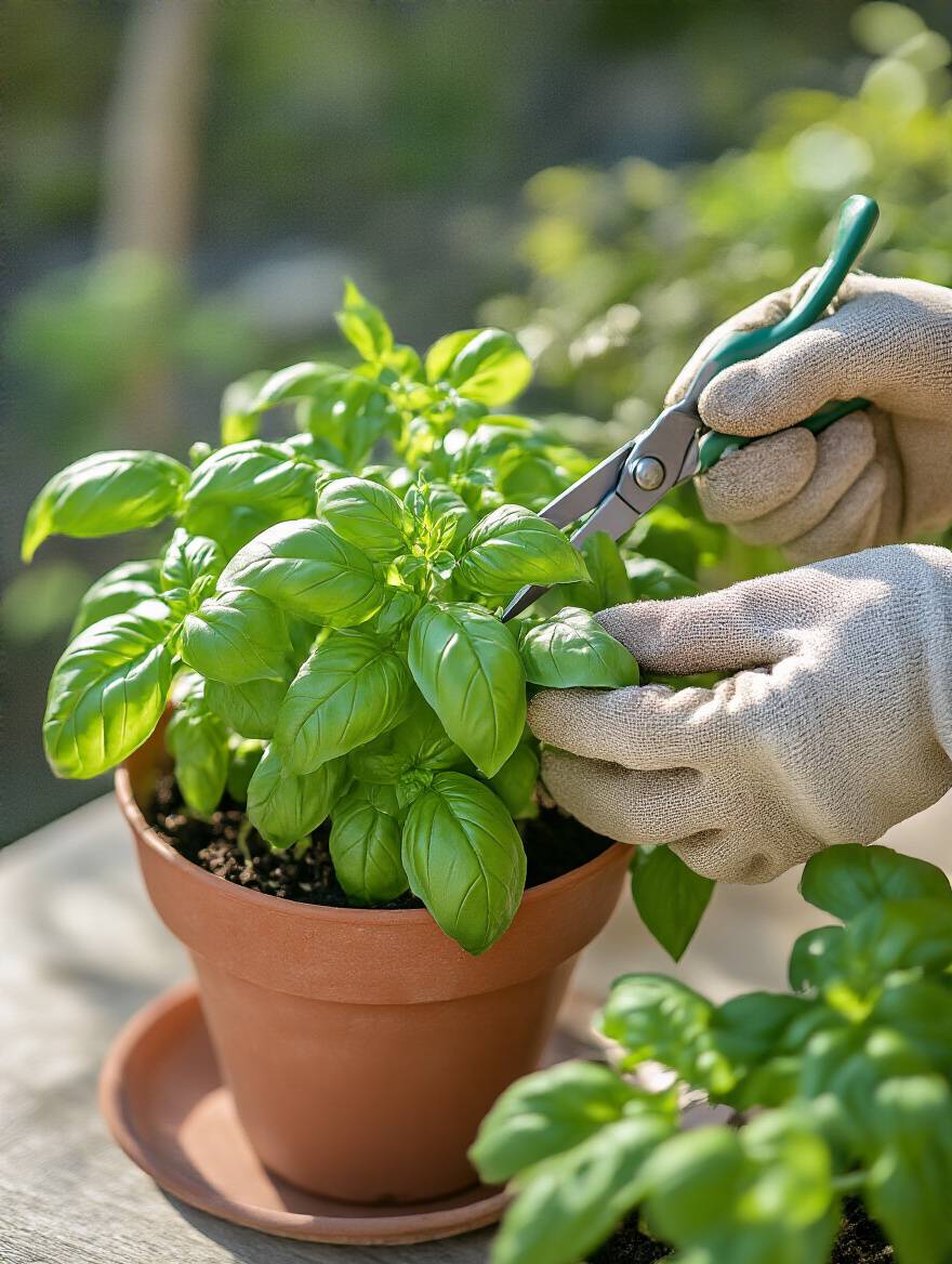Close-up of gloved hands using small snips to pinch back the top growth of a healthy basil plant, promoting bushier growth in a home vegetable garden.