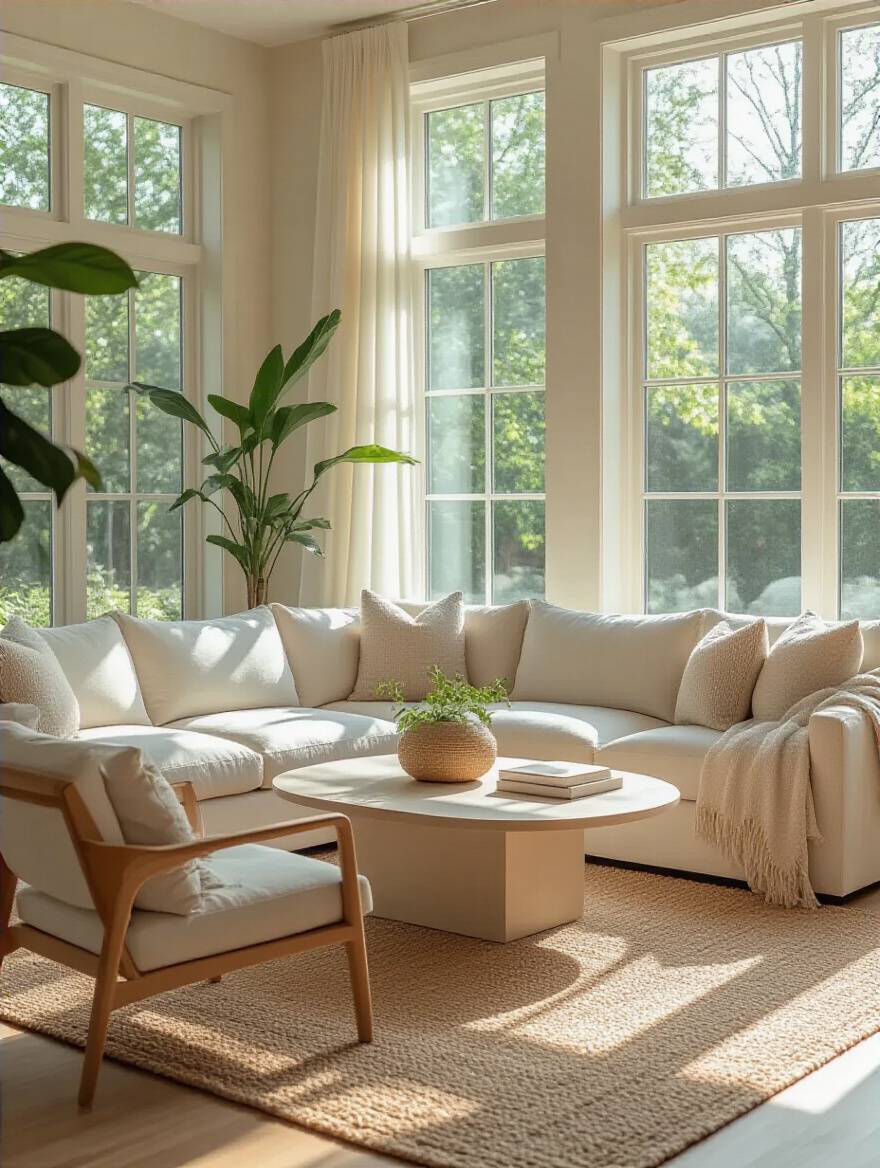 Bright living room with light sectional sofa, accent chairs, and an adaptable coffee table, all arranged to maximize natural light, suggesting seasonal furniture re-evaluation for fresh perspectives.