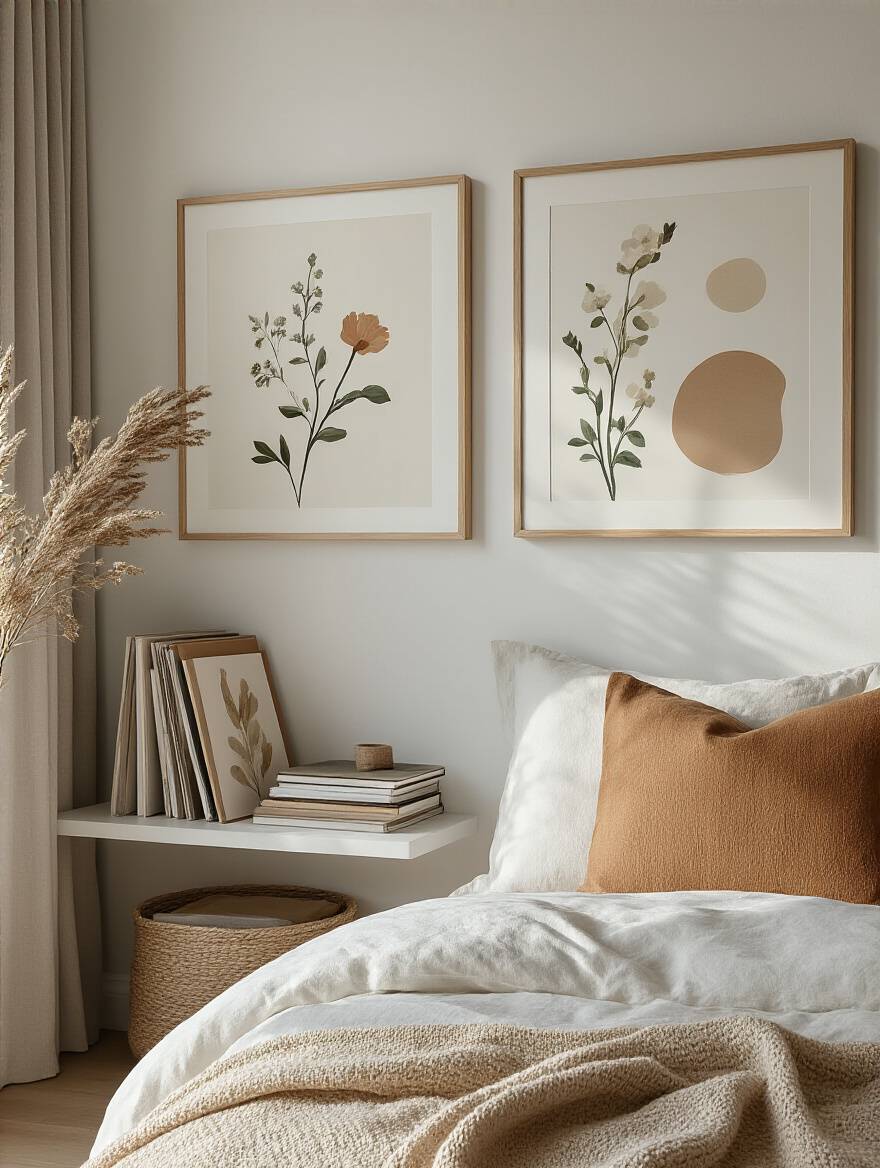A modern bedroom corner featuring a gallery wall with spring botanical art prints, and a nearby storage portfolio holding autumn prints, demonstrating seasonal art print rotation.