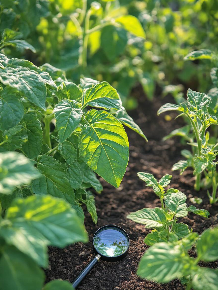 Close-up of a healthy vegetable plant leaf showing very early signs of pest activity, with a hand lens nearby, illustrating early pest detection in a garden.