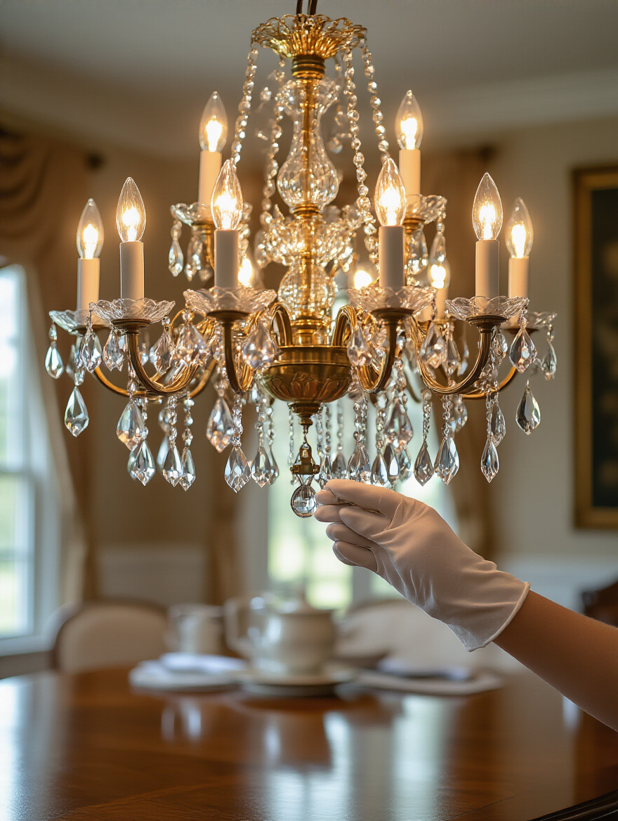Elegant dining room chandelier with all bulbs glowing brightly and an gloved hand proactively replacing a bulb to maintain even illumination, showcasing chandelier maintenance.