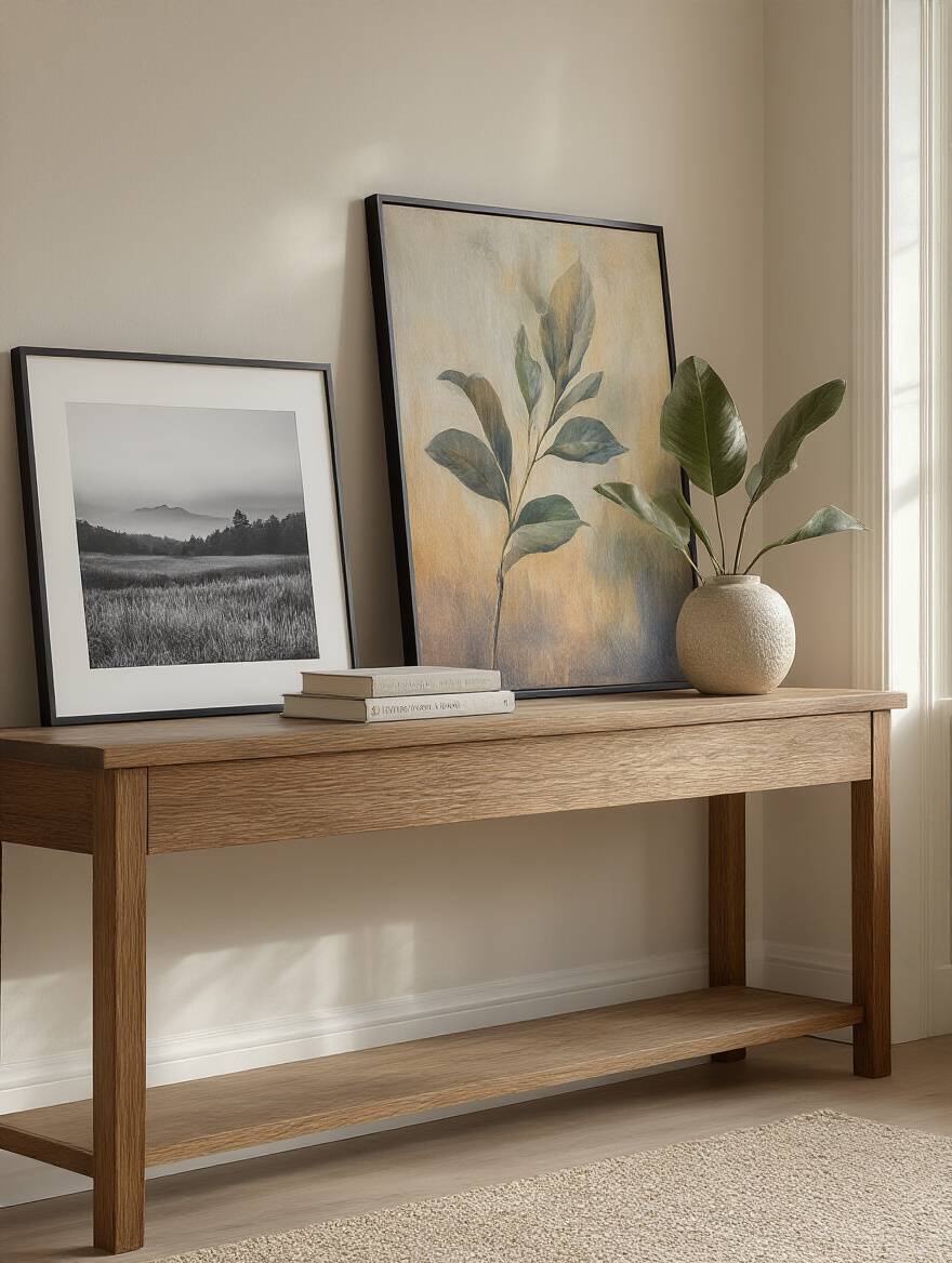 Bedroom scene showcasing diverse framed art print styles like photography, abstract, and botanical on a console table, representing research for bedroom art.