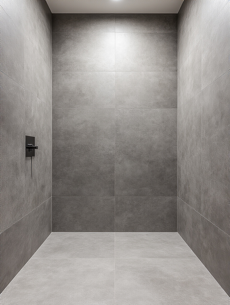 Modern industrial bathroom with a curbless shower featuring large format grey concrete-effect porcelain tiles that extend seamlessly from the floor onto the shower walls, emphasizing visual continuity and a minimalist aesthetic.