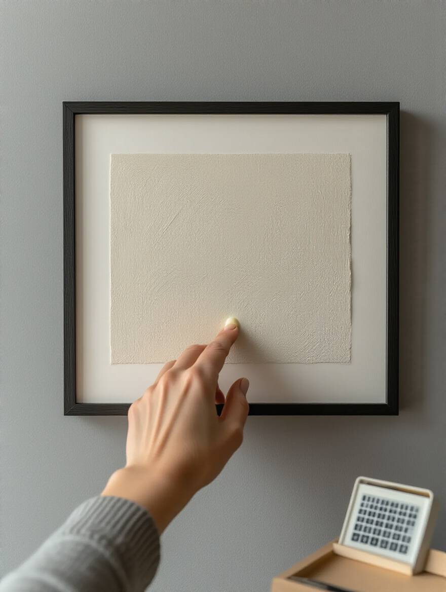 Close-up of a framed art print being secured to a wall with museum wax, illustrating proper art print hanging and safety techniques in a modern bedroom.
