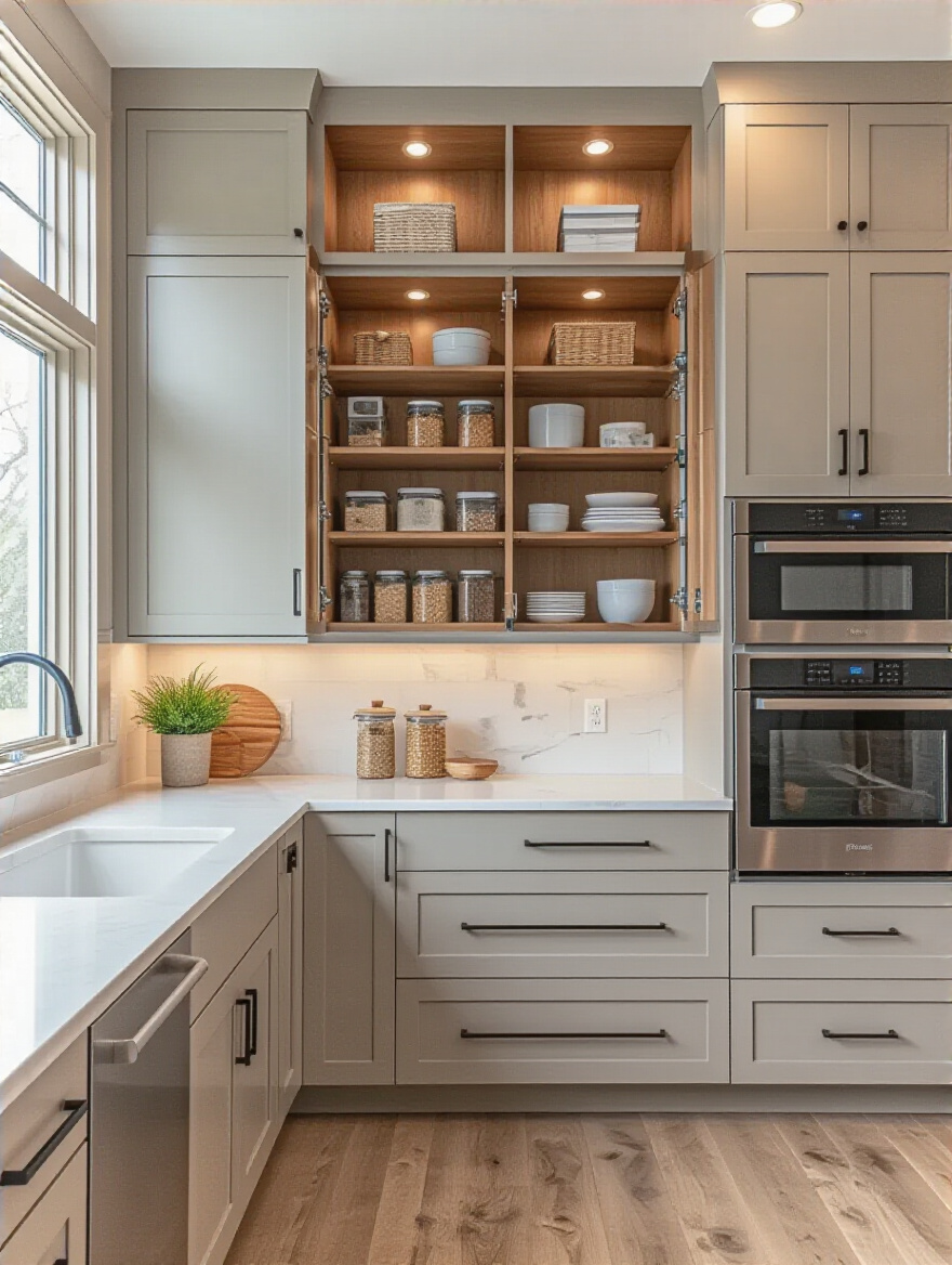 Portrait of a modern kitchen highlighting storage-optimized cabinetry with pull-outs and deep drawers