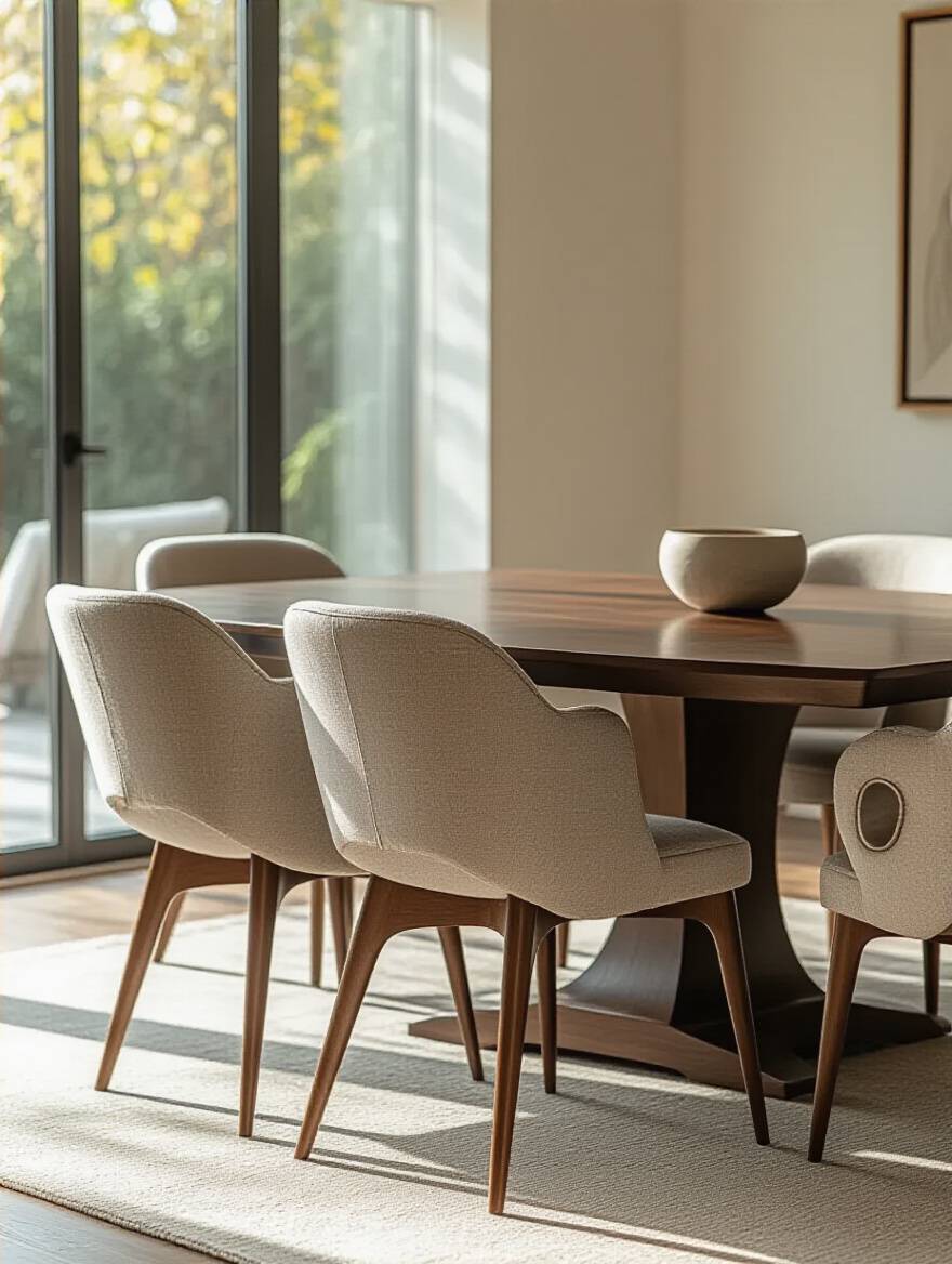 A portrait image showing a dining room with several comfortable and stylish dining chairs made of wood and upholstered fabric, around a large dining table.