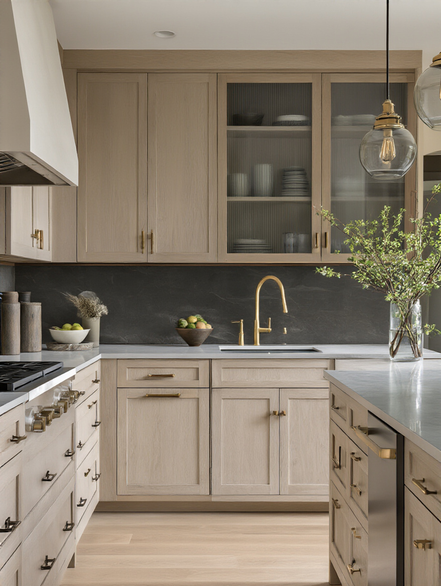 Unified kitchen hardware and fixtures across cabinets and sink.