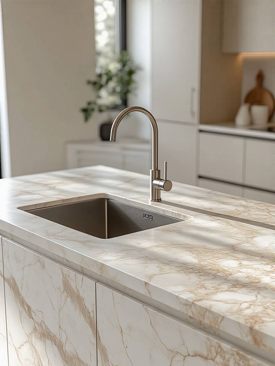 A sleek modern kitchen featuring a light-colored quartz countertop on a minimalist island, highlighting durability and low maintenance.