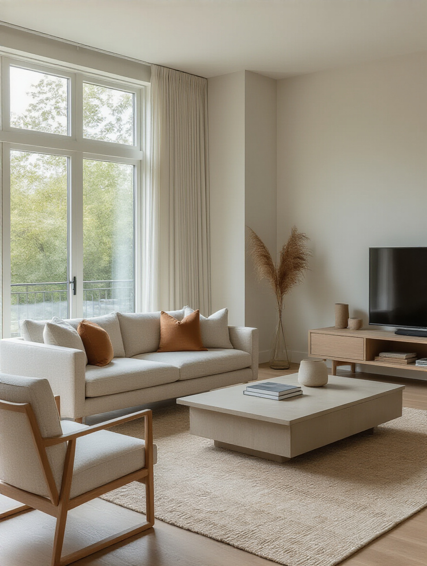 Living room with streamlined furniture and clean lines in a serene setting