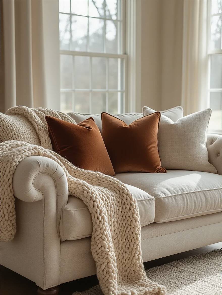 Luxurious sofa with a chunky knit throw and an assortment of velvet and linen pillows in a cozy, well-lit living room, adding texture and warmth.