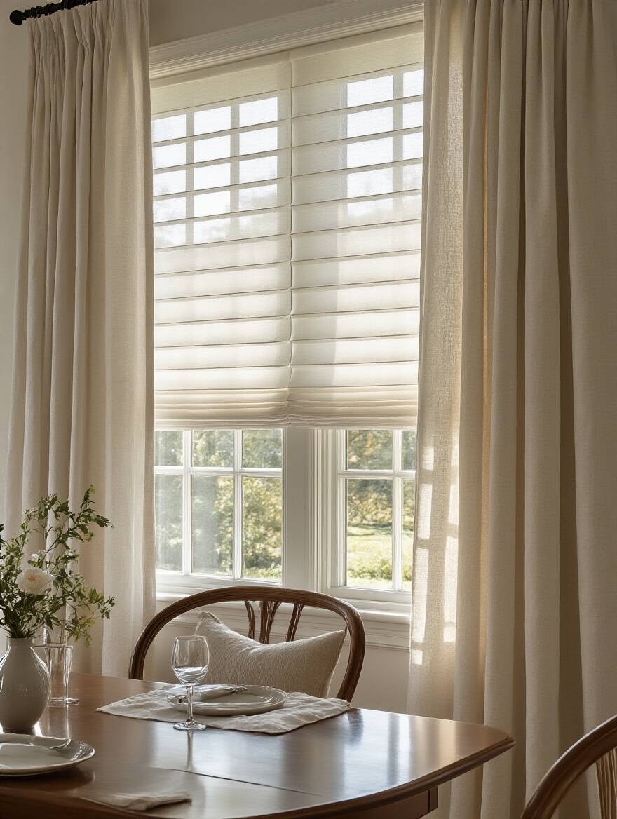 Elegant dining room with layered window treatments providing privacy and controlled natural light, featuring sheer shades and textured linen drapes.