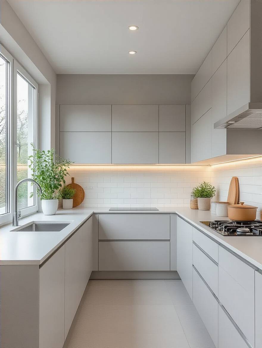 A minimalist modern kitchen showcasing a cohesive color palette with light grey walls, white cabinets, and a white subway tile backsplash, emphasizing visual harmony and sleek design.