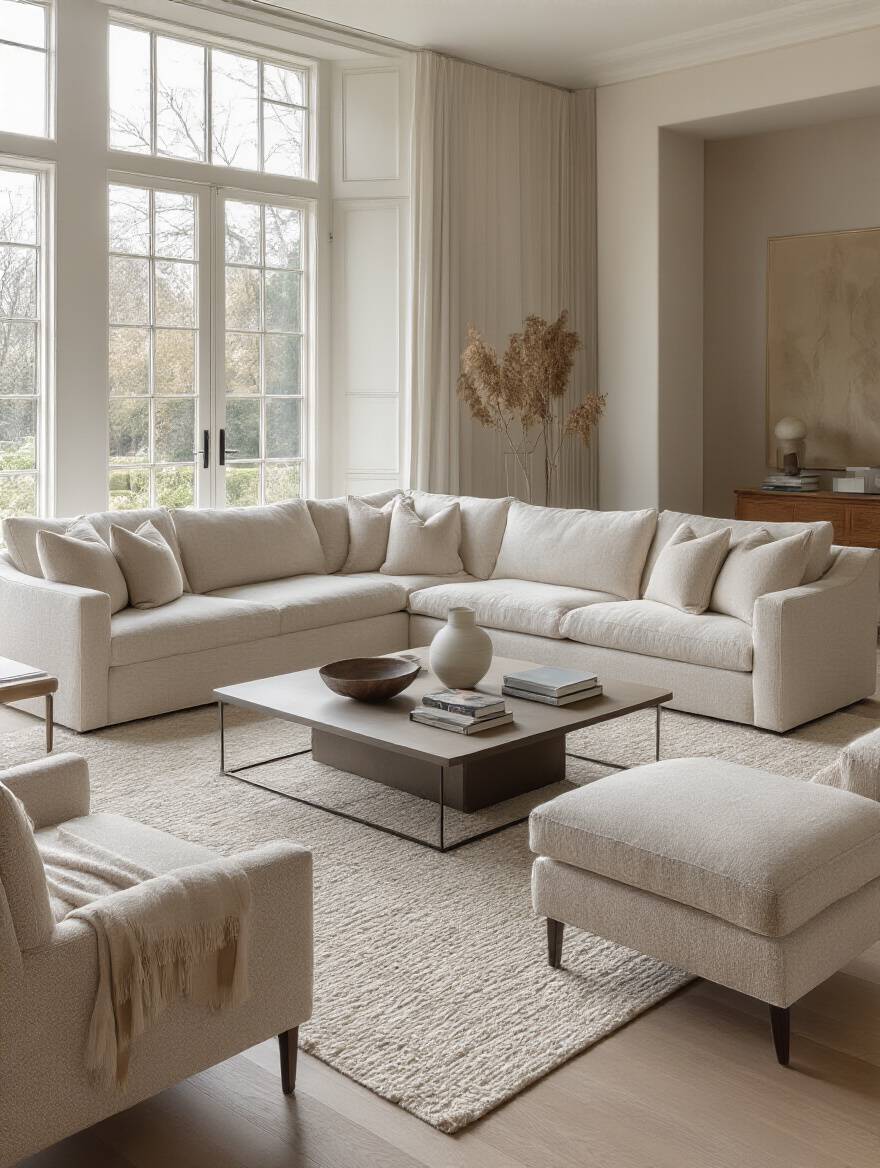 A perfectly sized modern sectional sofa creating a harmonious and comfortable seating arrangement in a sunlit living room, showcasing optimal sofa size and configuration.