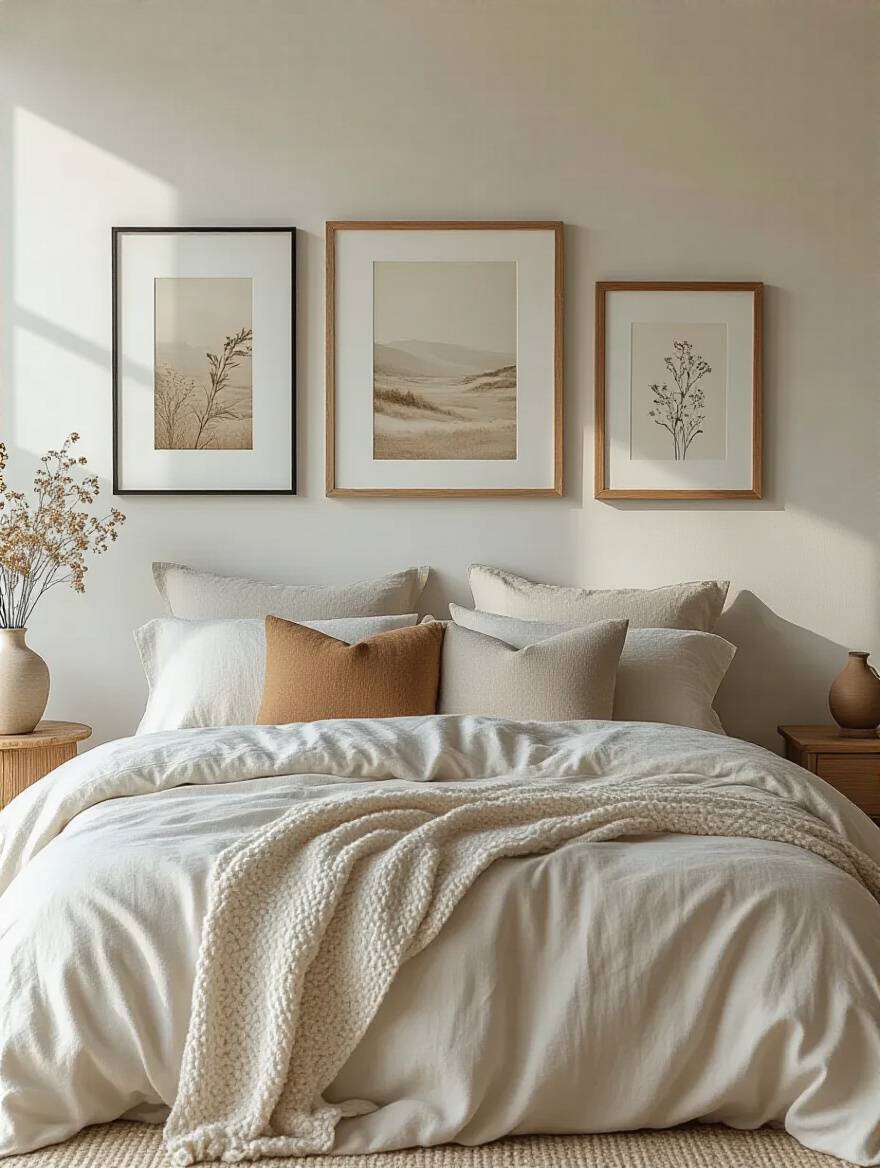Bedroom gallery wall featuring various art print frame styles like natural wood, thin black, and white frames above a bed with neutral linens, demonstrating harmonious decor integration.