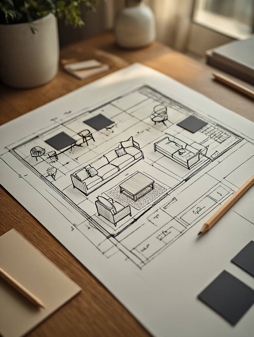 Overhead view of a detailed hand-drawn living room floor plan on a desk with small furniture cutouts and a pencil, illustrating furniture layout planning.