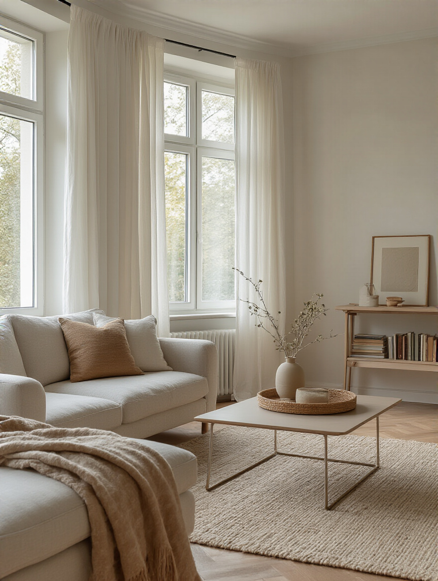 Serene, clutter-free living room portrait setup with calm lighting