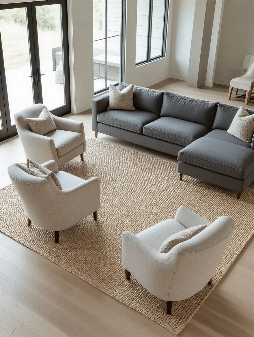 Modern living room with a large, light-colored area rug anchoring a grey sectional and accent chairs, clearly defining a sophisticated conversation zone.