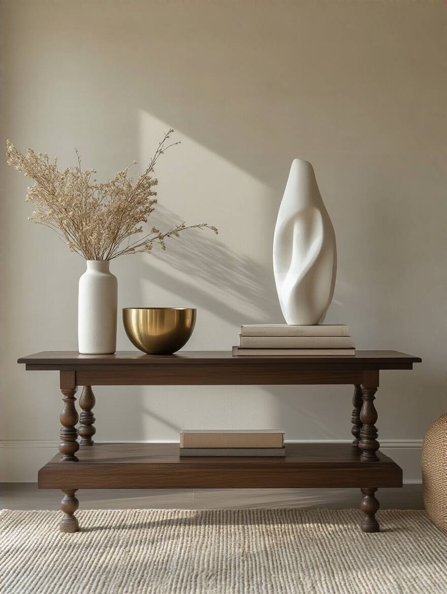 Elegantly styled living room console table featuring a white abstract sculpture, a brass bowl, and a stack of art books, demonstrating sophisticated decorative object arrangement.