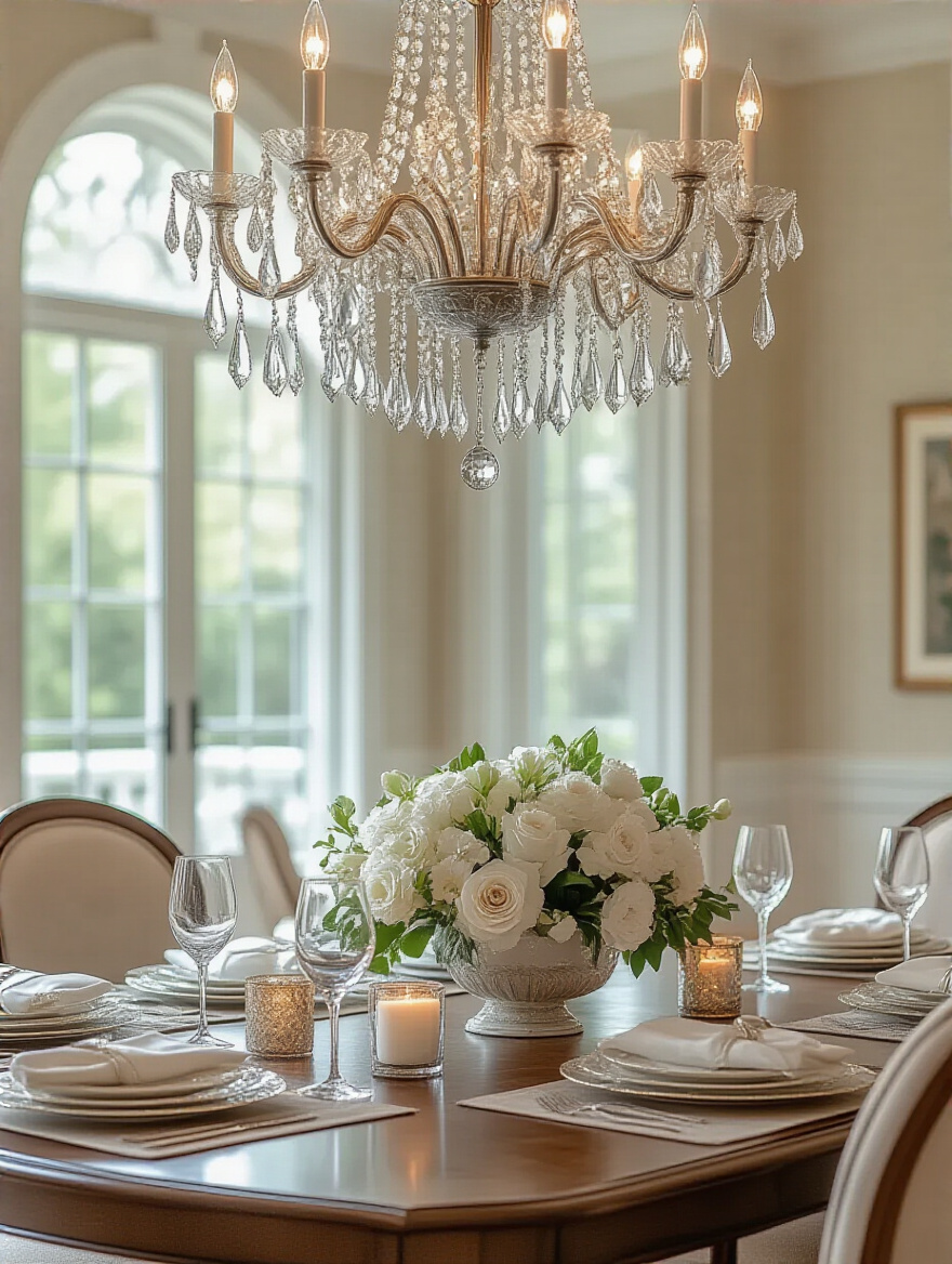 Elegant dining room showcasing a perfectly styled table with a chandelier, low floral centerpiece, and harmonious decor, illustrating design cohesion.
