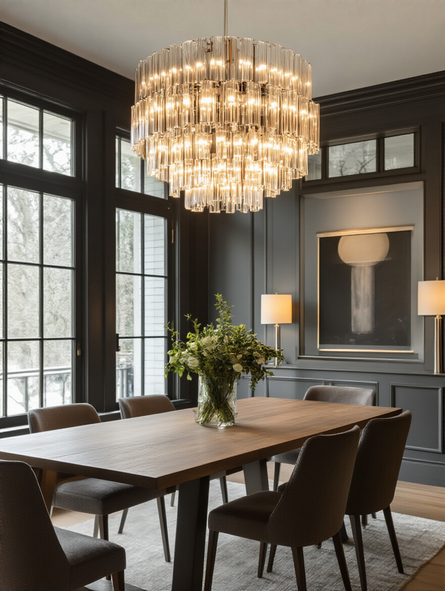 Elegant dining room interior with a modern chandelier temporarily positioned over a large dining table, showcasing the testing of dimmable lighting effects, soft illumination on walls and furniture, empty of people.