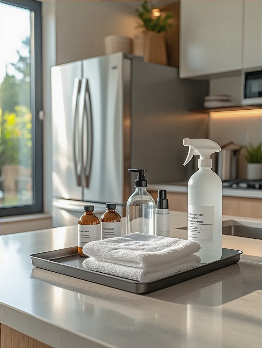 Portrait of a modern kitchen appliance care station with maintenance supplies