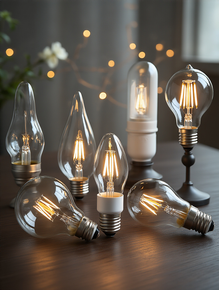 Assortment of modern LED chandelier bulb types including candelabra and standard shapes, unlit, on a sleek dark surface, symbolizing choice and wattage understanding for optimal illumination.