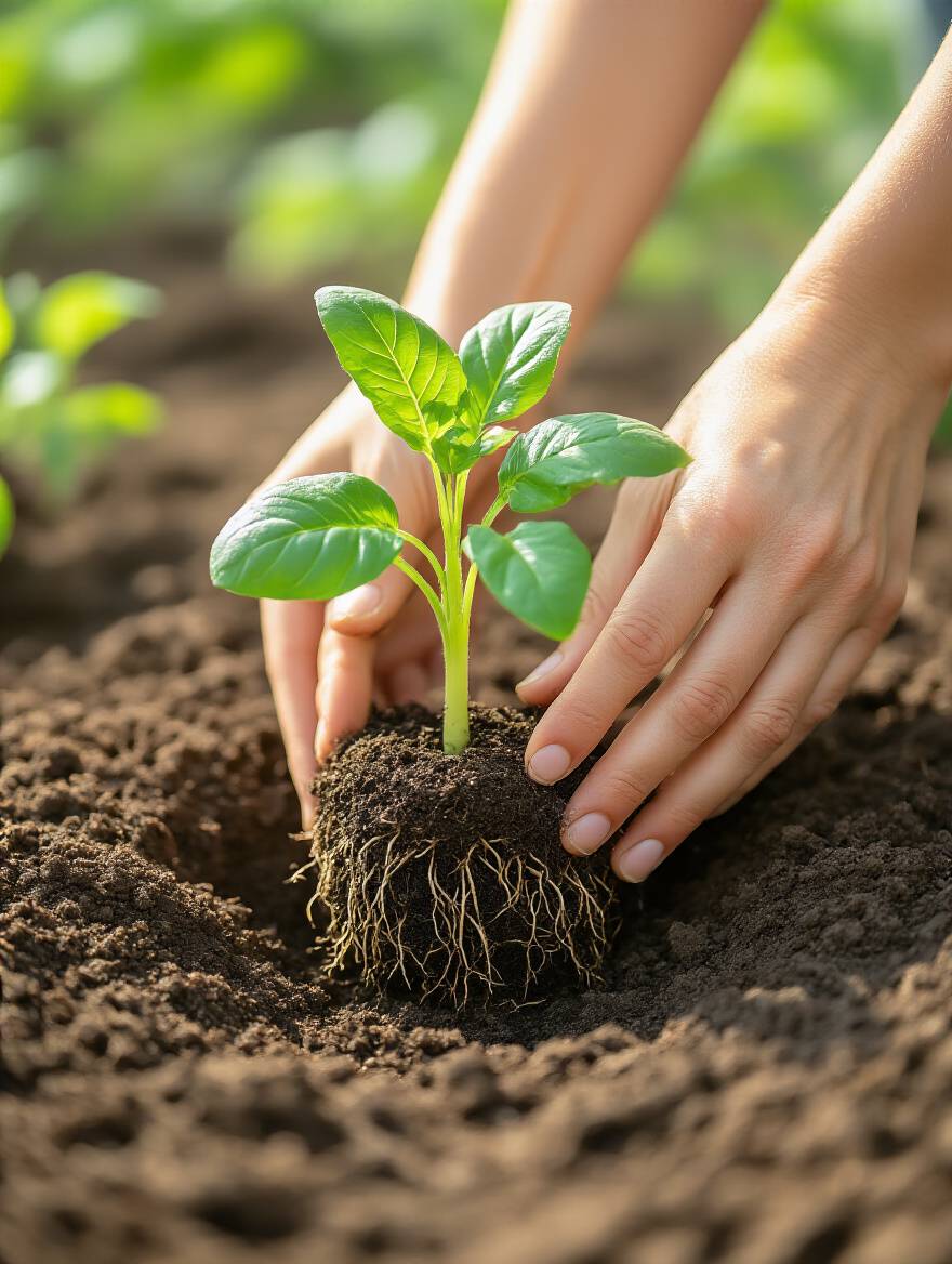 A close-up view of hands gently transplanting a young vegetable seedling into rich garden soil, emphasizing careful handling.