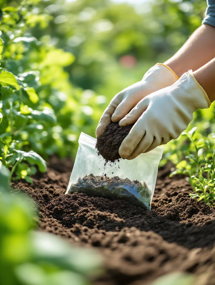 Close-up of gloved hands collecting a soil sample for a soil test in a thriving vegetable garden, with lush green plants in the blurred background under natural sunlight.