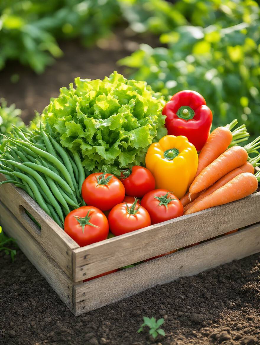 A lush portrait-oriented photograph of a vibrant, perfectly ripe assortment of freshly harvested garden vegetables including tomatoes, lettuce, bell peppers, green beans, and carrots, artfully arranged in a rustic wooden crate within a sun-dappled home garden, showcasing peak freshness and successful vegetable harvesting.