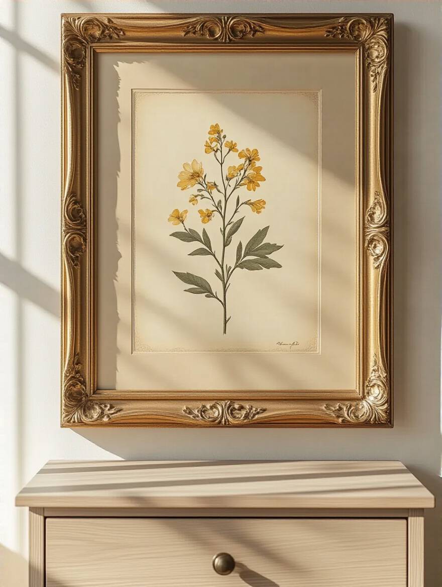 Close-up of a slightly faded botanical art print in an old frame, hanging in a bright bedroom, illustrating the need for a bedroom art print upgrade.