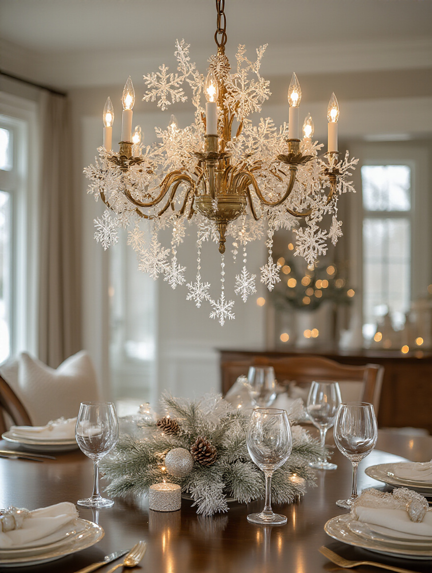 Elegant dining room chandelier featuring delicate frosted snowflake accents, reflecting a festive seasonal design refresh, above a beautifully set dining table.
