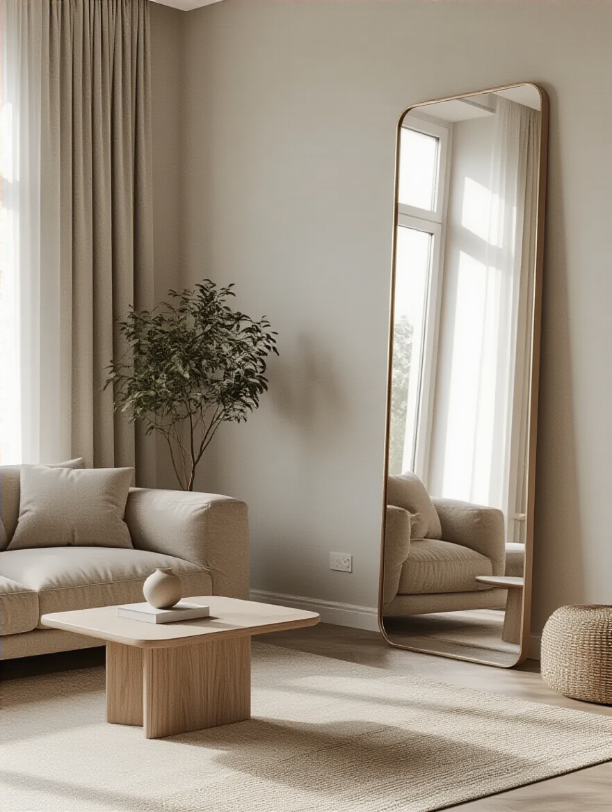 Vertical living room with a large mirror reflecting a sunlit window, creating brightness and a sense of space.