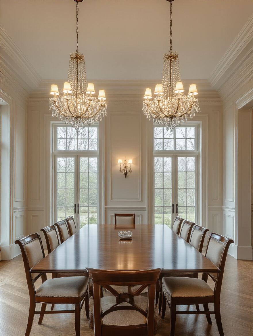 A large dining room with two matching, elegant chandeliers illuminating a long wooden table, creating balanced and brilliant light.