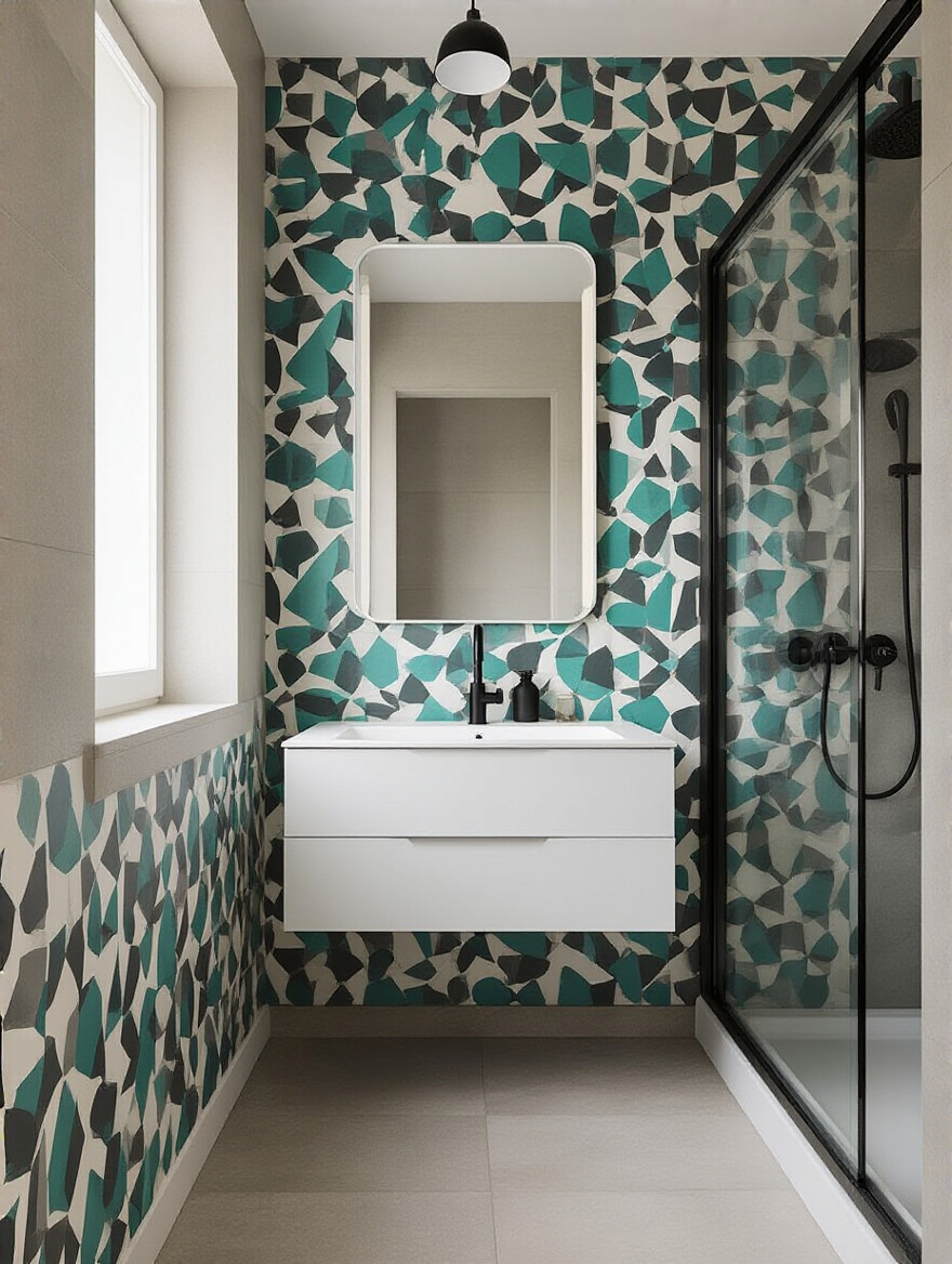 Bathroom featuring peeling-and-stick wallpaper on a feature wall with vanity and glass shower