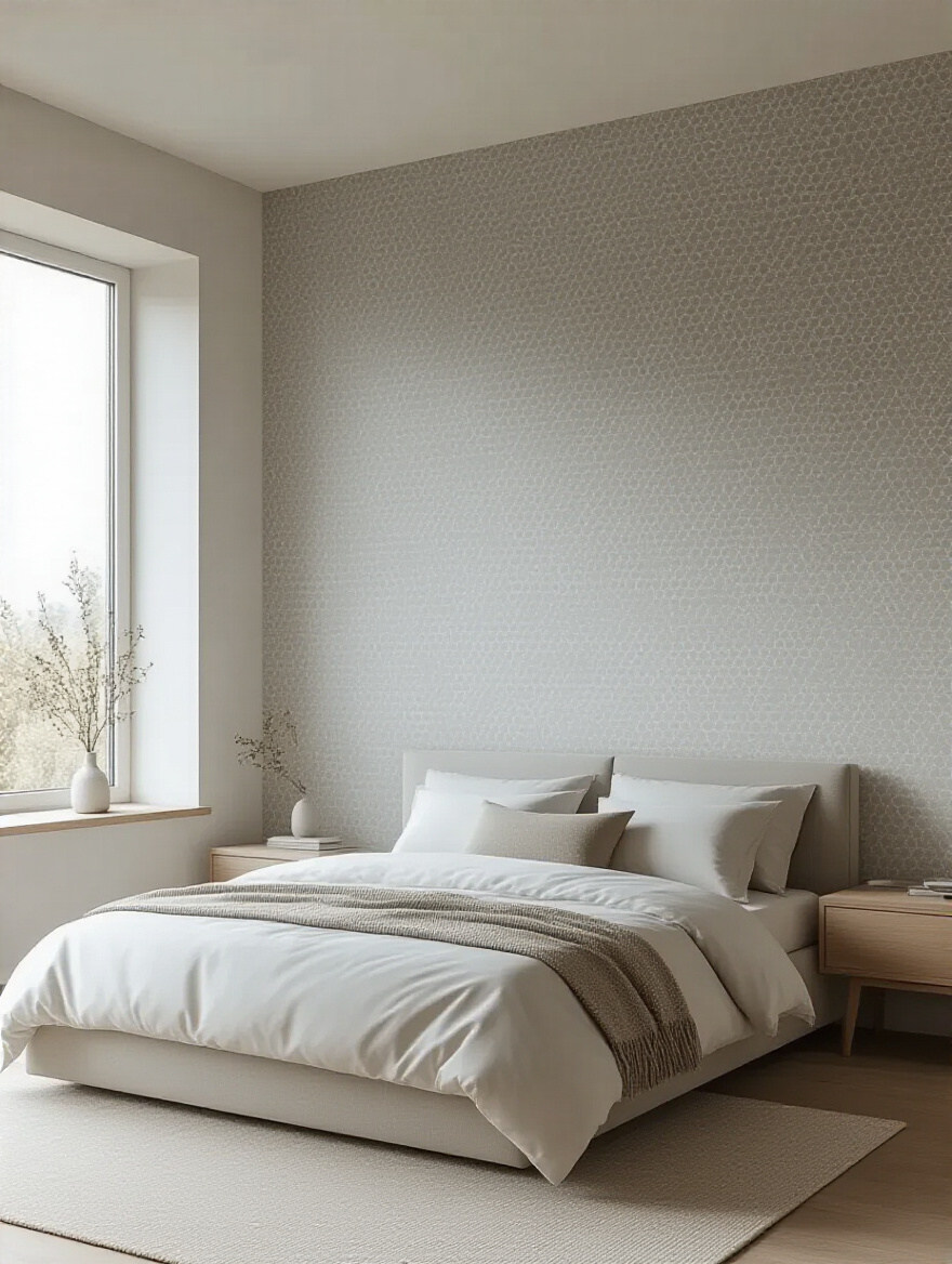 Modern bedroom with subtle light grey hexagonal geometric wallpaper on accent wall, crisp white bedding, and minimalist decor, exuding sophistication and calm.