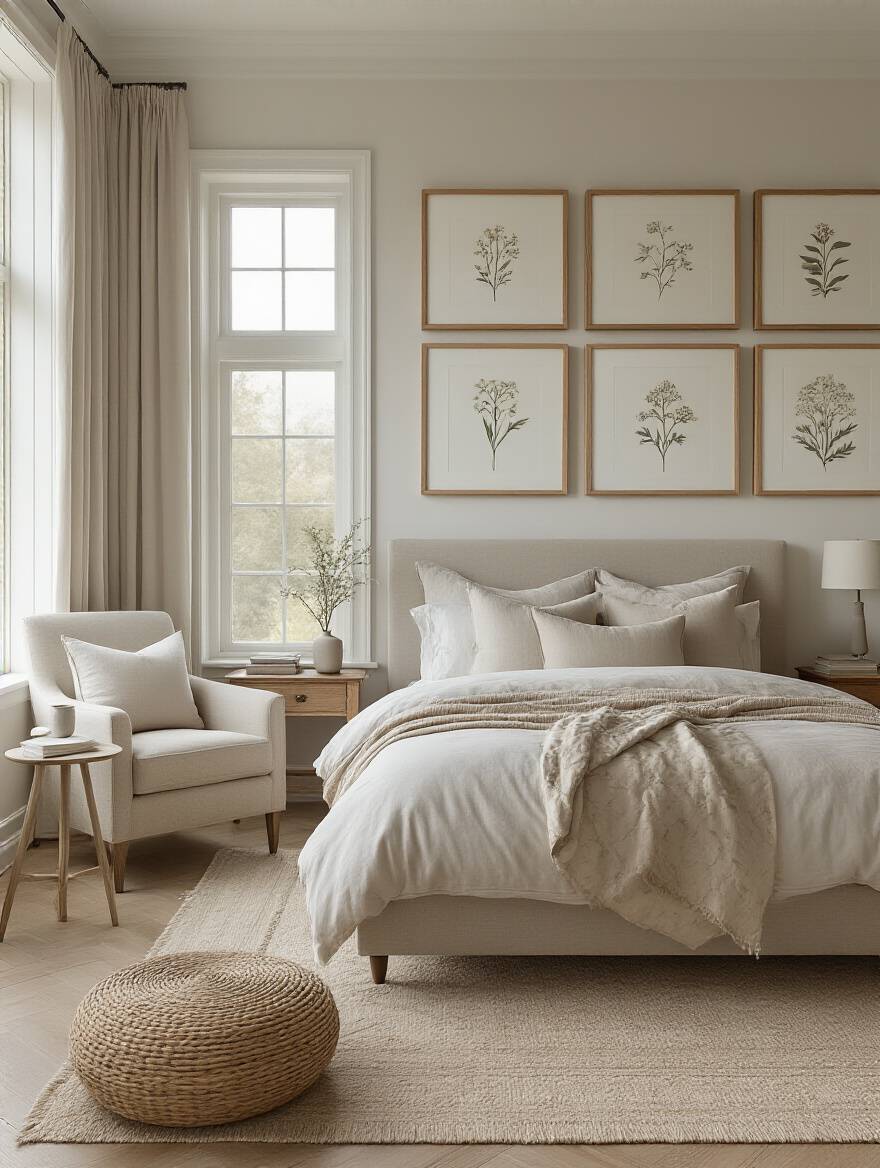 Bedroom featuring cohesive art prints in light oak frames above a bed and leading to a <a href=