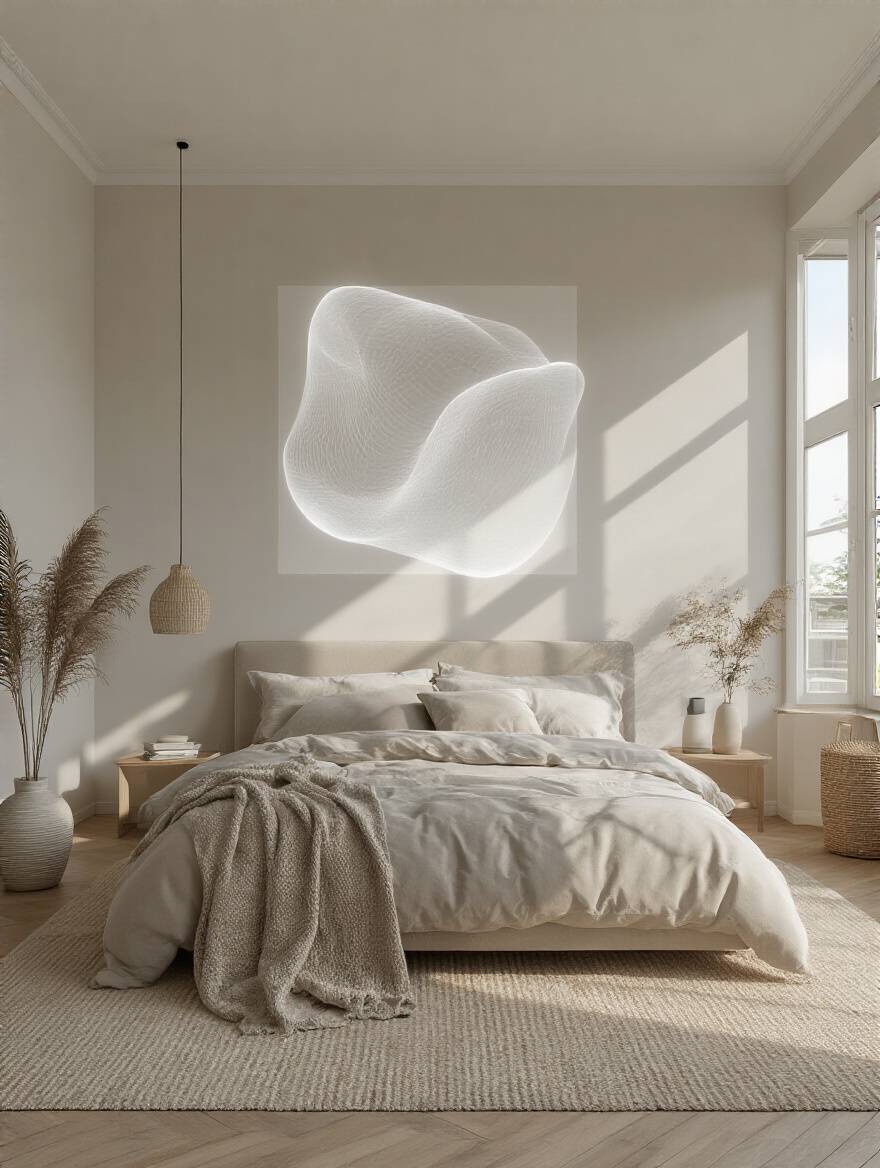 Bedroom wall with a ghosted digital mock-up of an art print, visualizing future decor.