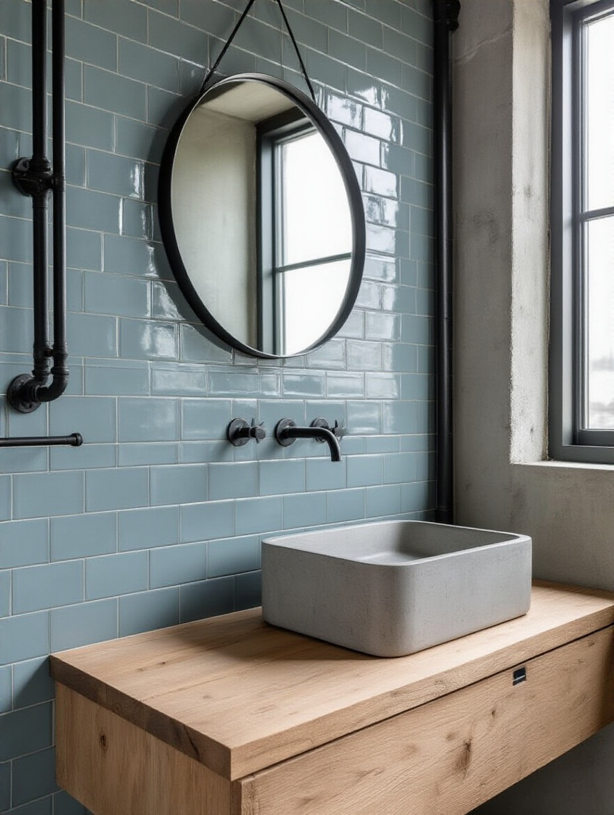 Industrial bathroom featuring seamless large format grey porcelain tiles on walls and floor, a floating dark wood vanity, brushed nickel fixtures, and a frameless mirror, highlighting an expansive modern design.