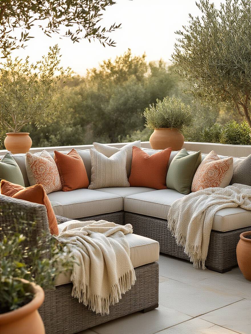 A perfectly accessorized outdoor patio sectional sofa adorned with a variety of weather-resistant decorative pillows in warm terracottas, greens, and creamy whites, alongside plush draped throws, creating a cozy and inviting outdoor living space under soft golden hour light.