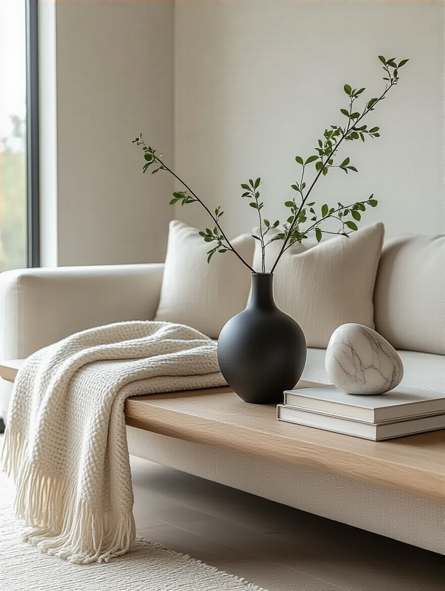 Modern living room vignette featuring a carefully curated collection of decorative items, including a ceramic vase, art books, and a sculpture, on a console table, emphasizing thoughtful design.