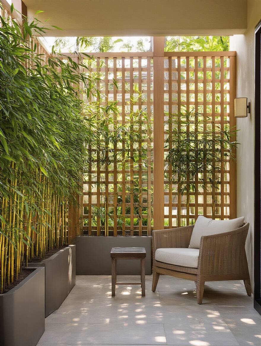 A cozy patio corner featuring modern slatted wood privacy screens and tall, dense potted plants, creating a secluded outdoor retreat with warm lighting.