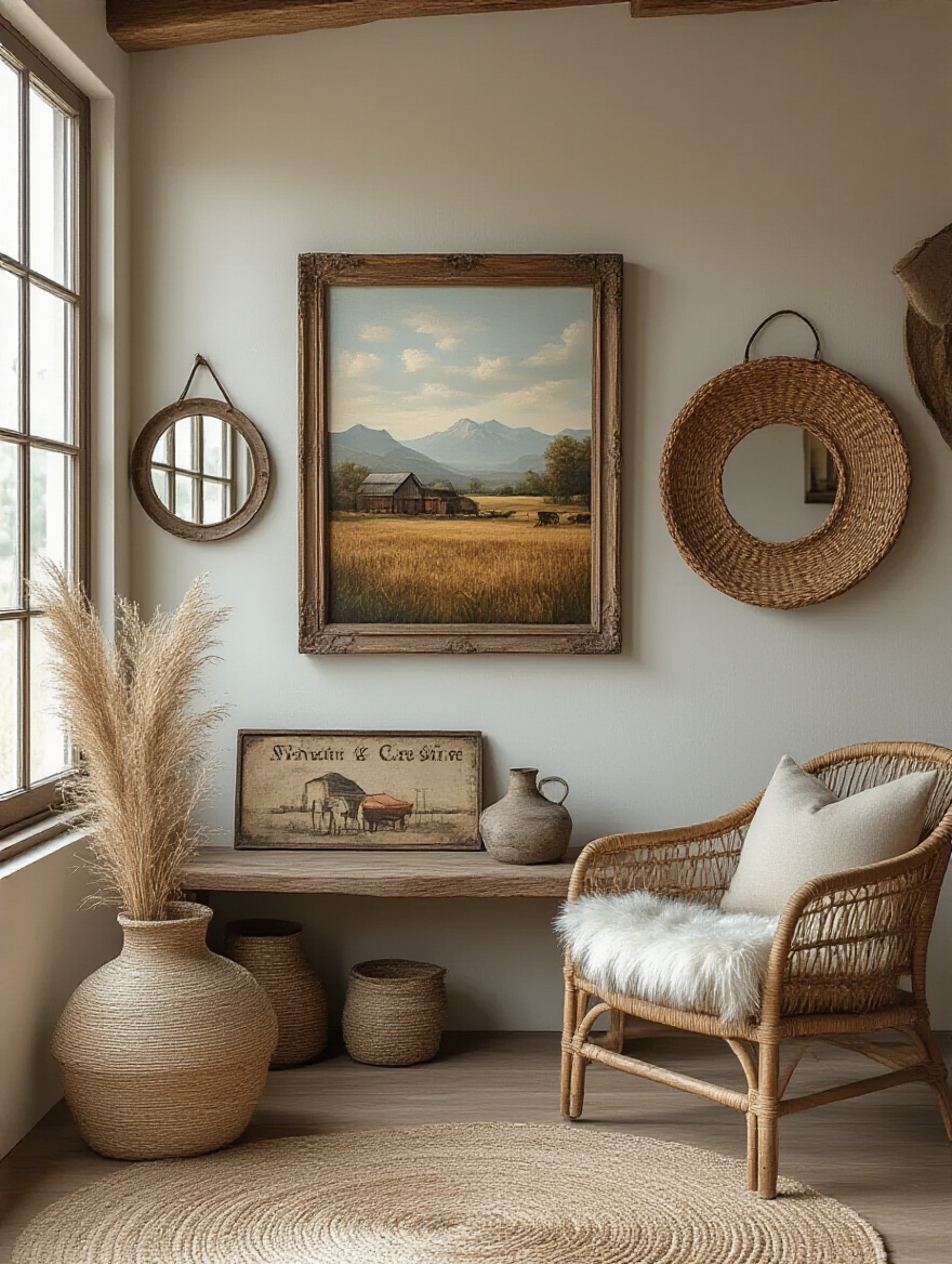 Rustic living room wall decorated with a landscape painting in a distressed wood frame, a vintage metal sign, and a round mirror with an organic natural fiber frame, creating a cozy and curated display.