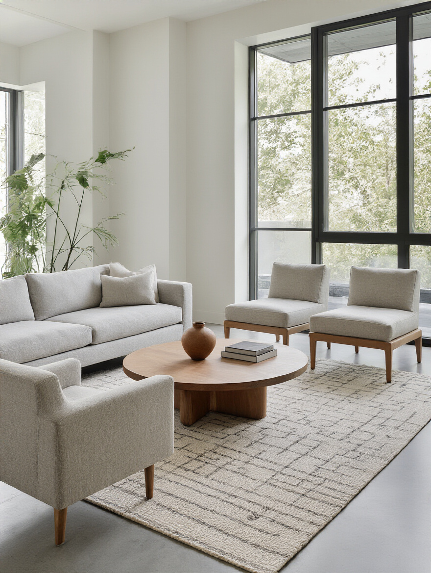 Modern living room with a large, patterned area rug anchoring a light grey sofa and two armchairs on a concrete floor, defining the seating zone.