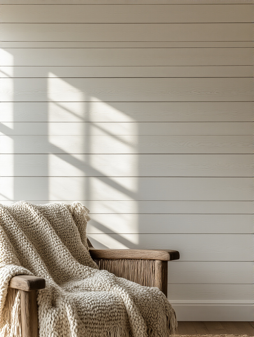 Close-up of a rustic living room wall featuring crisp white shiplap paneling, demonstrating a textured wall finish.