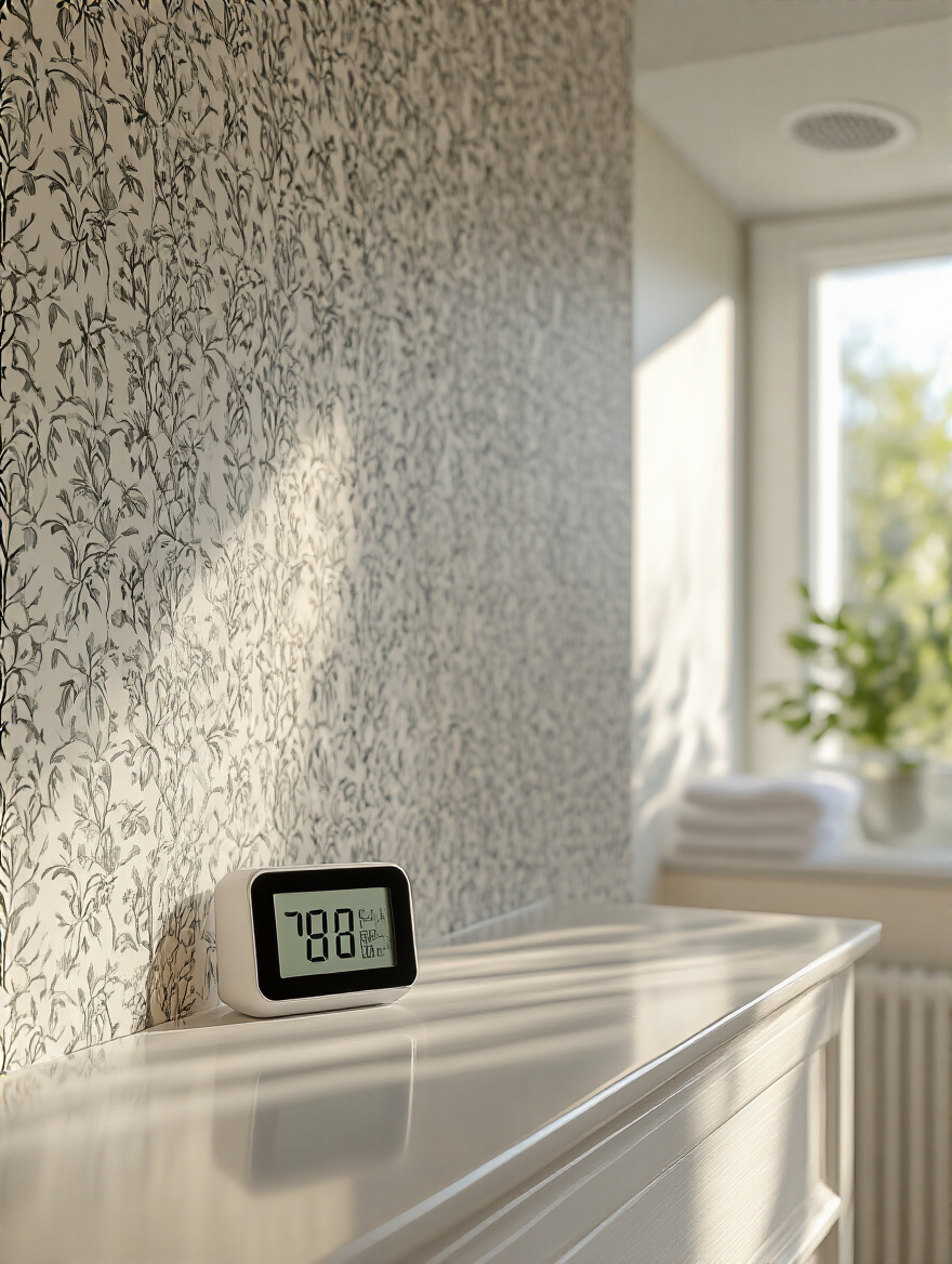 A modern bathroom scene with a digital hygrometer on the counter, showing the assessment of bathroom humidity and ventilation needs next to a wallpapered half-wall. Focuses on preventing moisture damage to wallpaper.