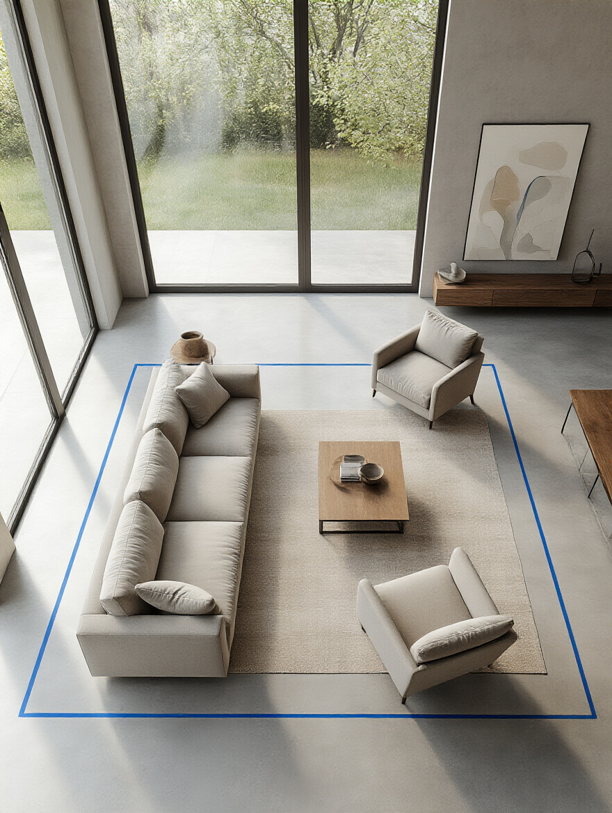 Modern living room floor marked with painter's tape, outlining furniture placement and clear pathways to assess optimal layout, flow, and function.