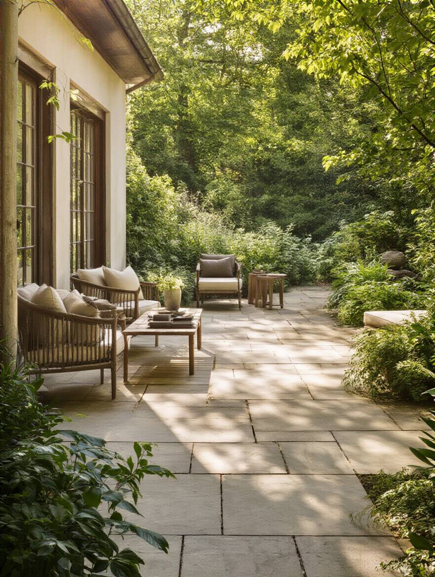 A beautifully lit patio featuring distinct sun and shade zones, perfect for assessing sun exposure and climate conditions for optimal patio decor and enjoyment.