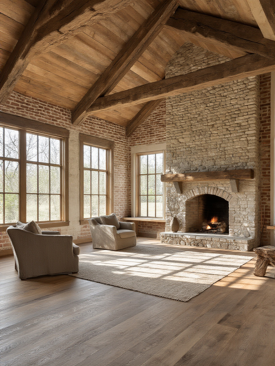 Rustic living room showcasing exposed timber beams, a stone fireplace, and a brick wall, highlighting architectural features.